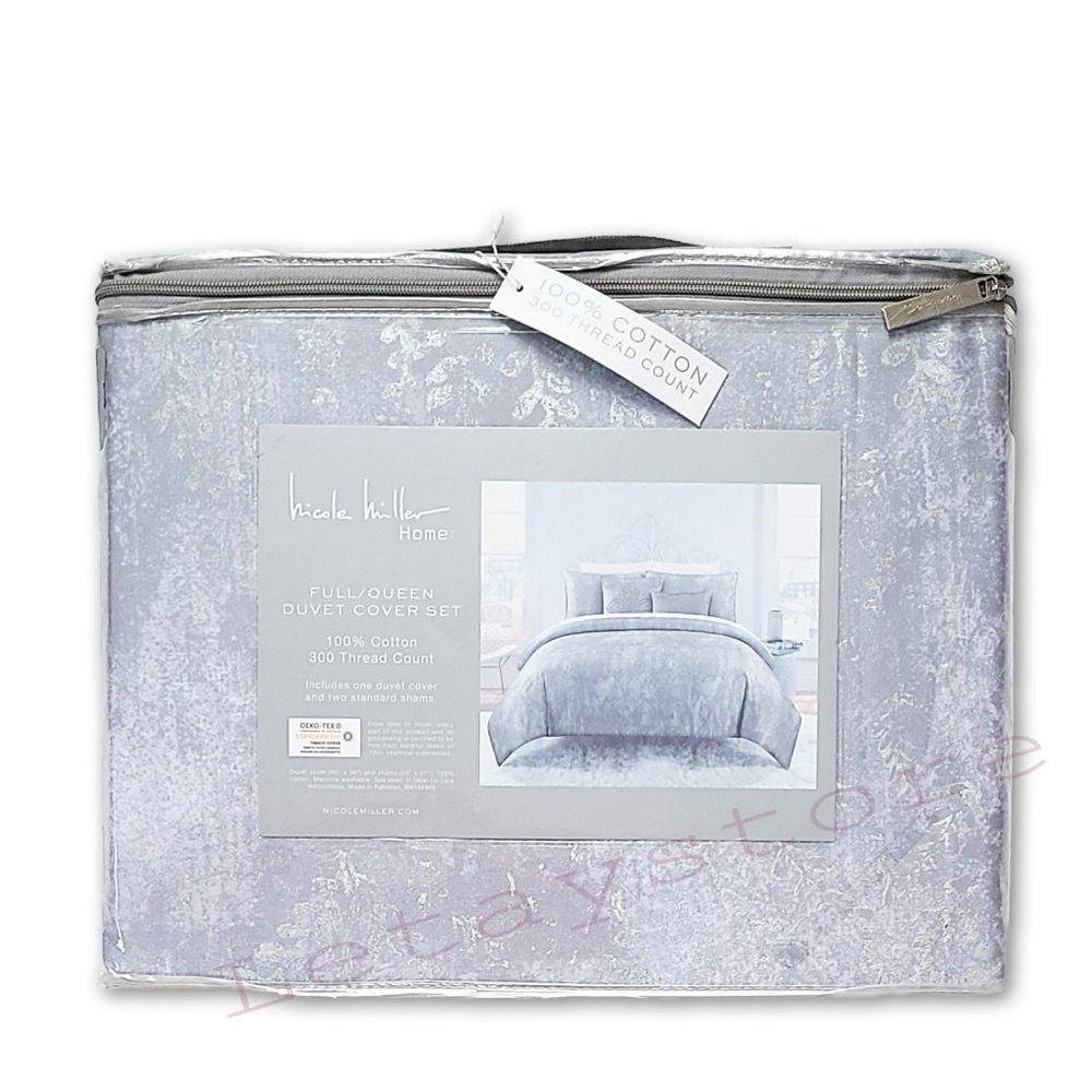 NWT Nicole Miller Shimmering 3pc Cotton Damask Floral Print Duvet Cover Set - Picture 4 of 6